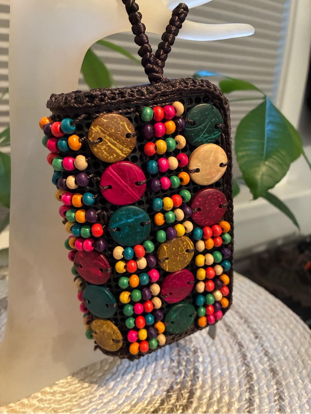 Vintage Handcrafted Coconut Shell Disc Beaded Handheld Clutch Purse Wallet Boho